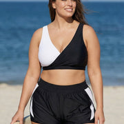 Black And White V Neck Patchwork Colorblocked Bikini Top