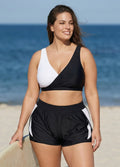 Black And White V Neck Patchwork Colorblocked Bikini Top