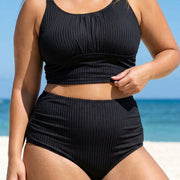 Black Puckered Halter Plus Size Modest Bikini Set