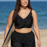 Plus Size Black With Frill Details Modest Elegant Bikini Swimsuit Top