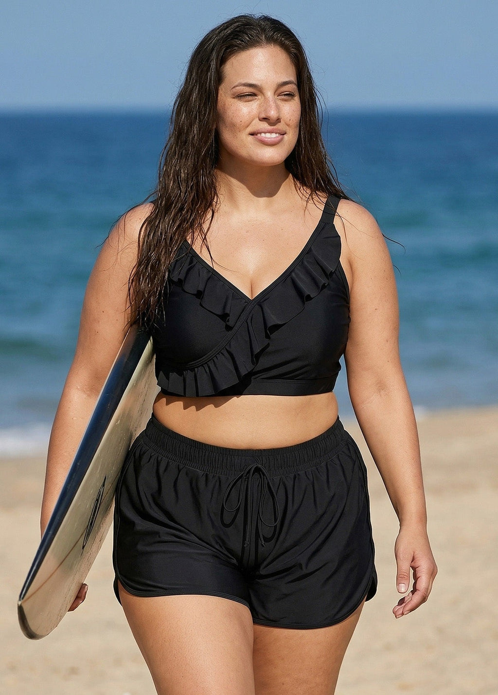 Plus Size Black With Frill Details Modest Elegant Bikini Swimsuit Top