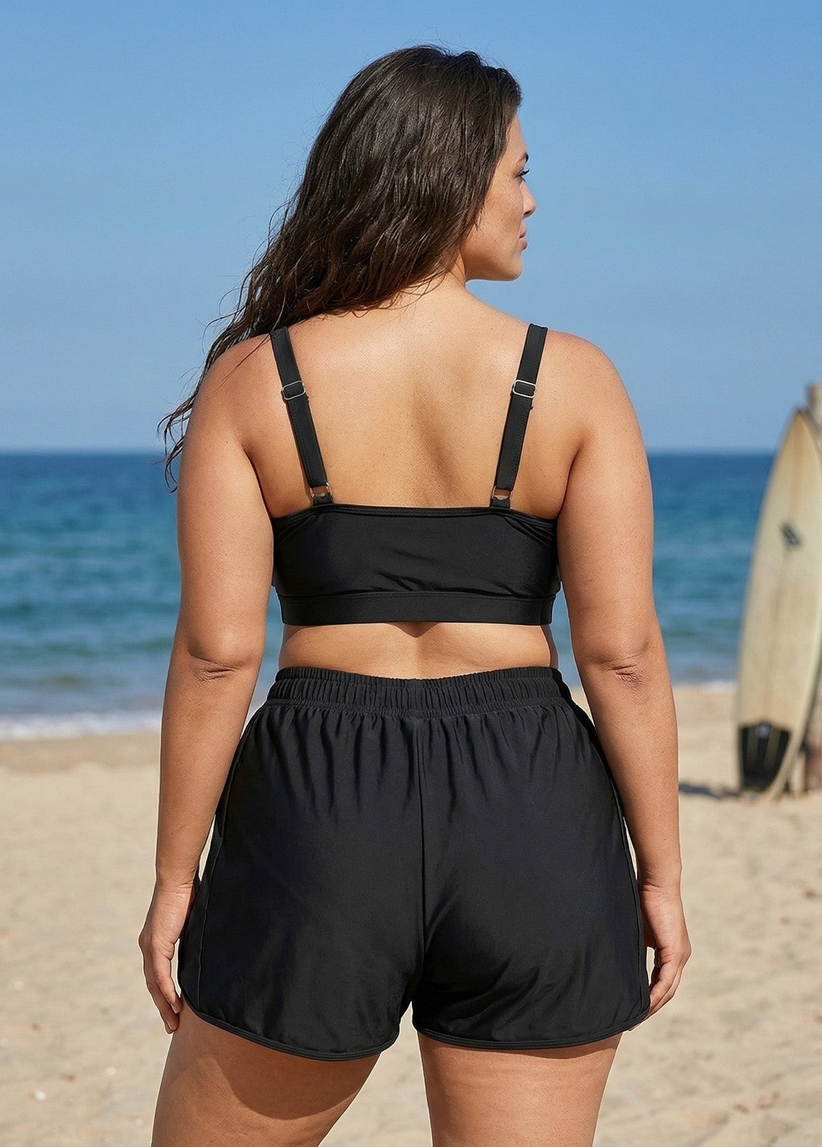 Plus Size Black With Frill Details Modest Elegant Bikini Swimsuit Top