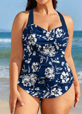 Navy Floral Sweetheart Neck Sarong Front Modest Plus Size One Piece Swimsuit