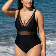 Black Mesh Adjustable Straps Women One Piece Swimsuit