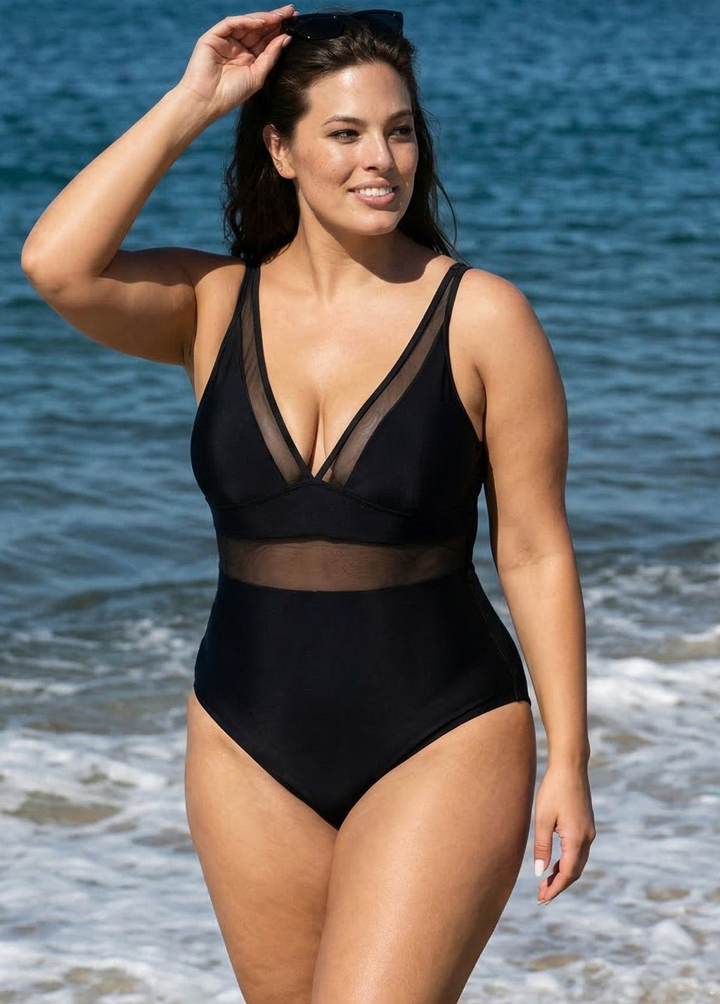 Black Mesh Adjustable Straps Women One Piece Swimsuit