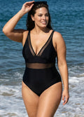 Black Mesh Adjustable Straps Women One Piece Swimsuit
