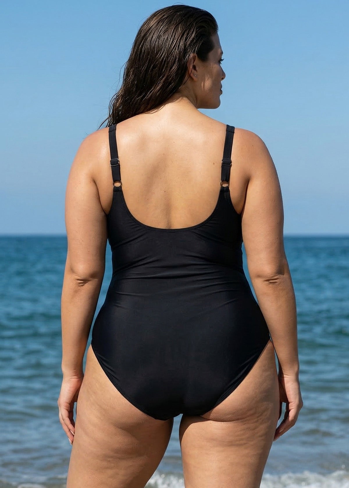 Black Mesh Adjustable Straps Women One Piece Swimsuit