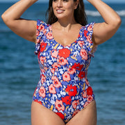 Stylish Floral Print Ruffle Sleeves Backless Rash Guard One Piece Swimsuit