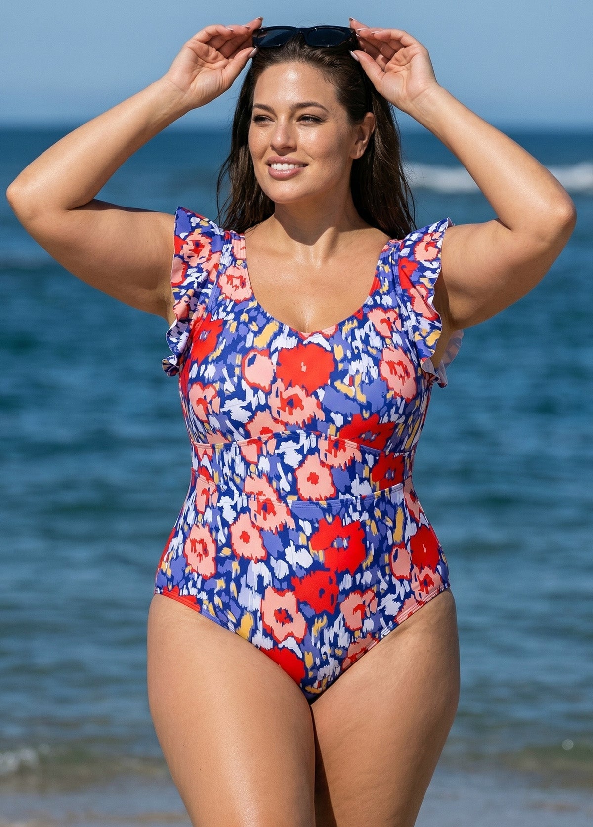 Stylish Floral Print Ruffle Sleeves Backless Rash Guard One Piece Swimsuit