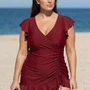 Burgundy V Neck Petal Sleeve Vintage Drawstring One Piece Swimsuit