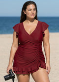 Burgundy V Neck Petal Sleeve Vintage Drawstring One Piece Swimsuit
