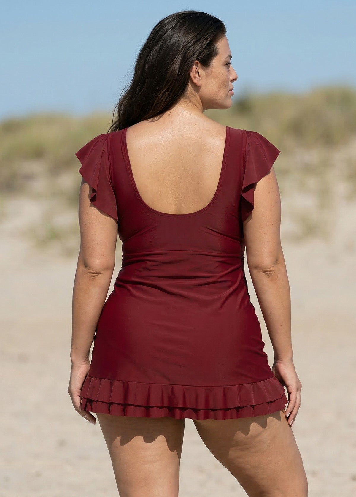 Burgundy V Neck Petal Sleeve Vintage Drawstring One Piece Swimsuit