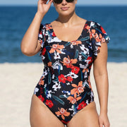 Plus Size Fashionable Floral Print Ruffle Sleeve One Piece Swimsuit