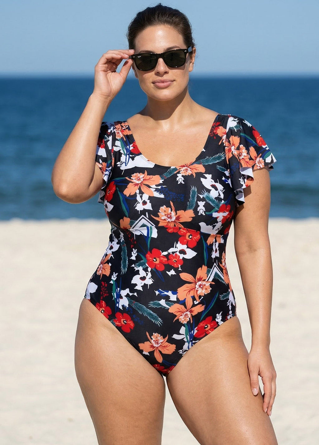 Plus Size Fashionable Floral Print Ruffle Sleeve One Piece Swimsuit