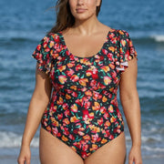 Curvy Red Floral Short Sleeve Swimsuit And Swimwear One Piece Swimsuit