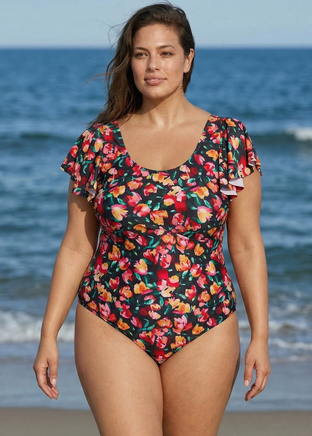 Curvy Red Floral Short Sleeve Swimsuit And Swimwear One Piece Swimsuit