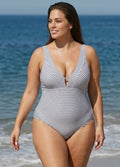 Classic Modest  Mini Stripe V Neck One Piece Swimsuit
