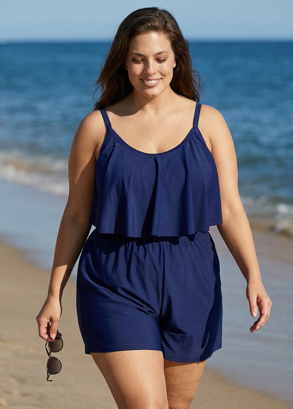 Plus Size Leisure Beach With Ruffle Hem Detailed Romper One Piece Swimsuit