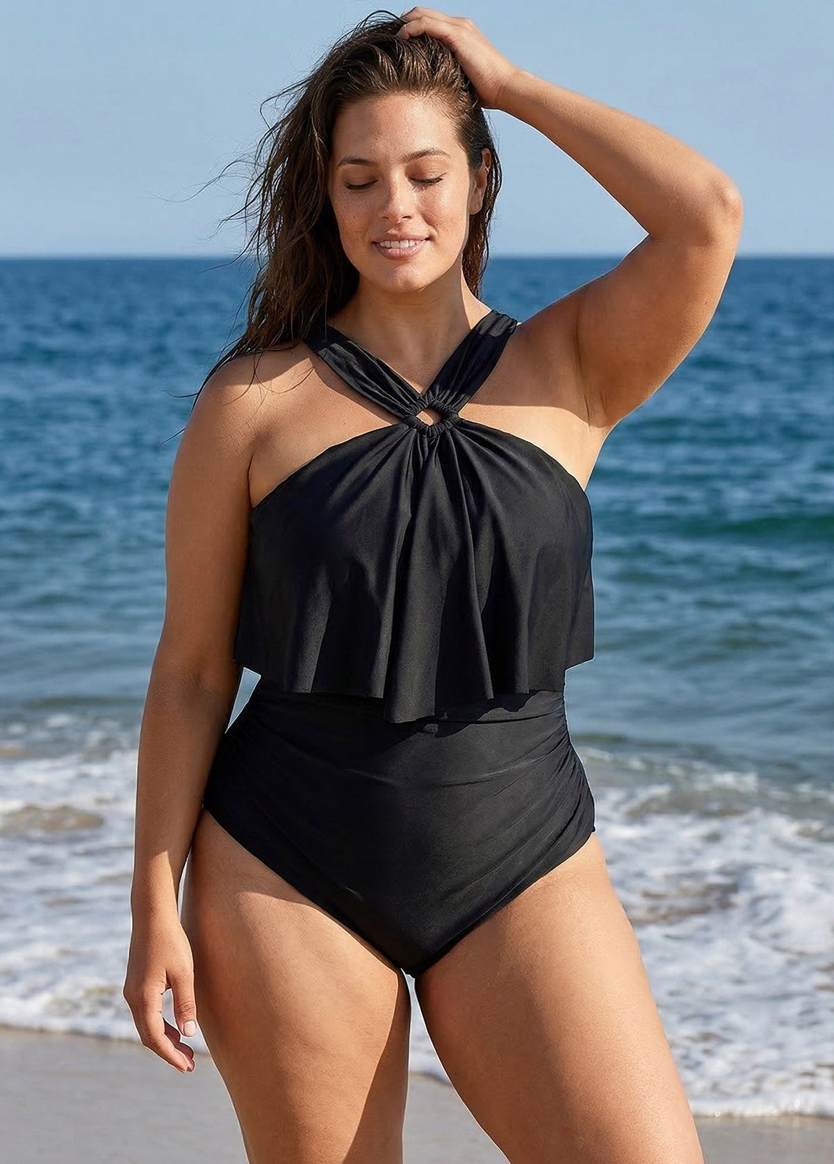 Black Square Cut Hardware One Piece Swimsuit