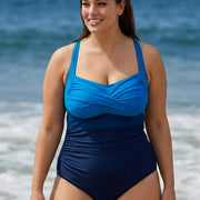 Blue Panelled Twist Front Modest Plus Size One Piece Swimsuit