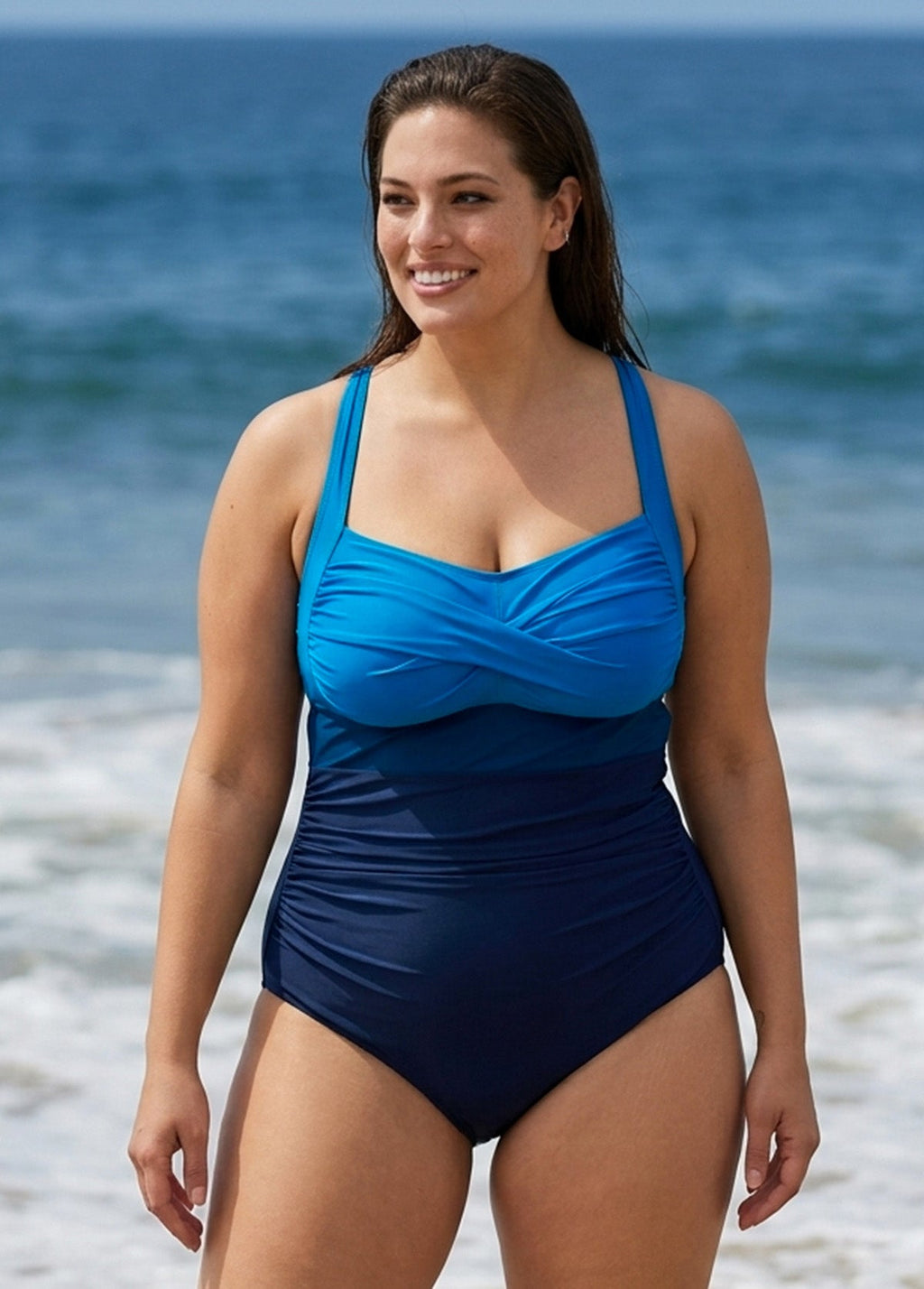 Blue Panelled Twist Front Modest Plus Size One Piece Swimsuit