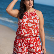 Curvy Red Floral Keyhole Neck Flattering Pocket Women's Swimsuit One Piece Swim Romper
