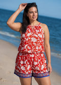 Curvy Red Floral Keyhole Neck Flattering Pocket Women's Swimsuit One Piece Swim Romper