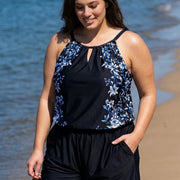 Black Floral Keyhole Neck Flattering Pocket Curvy Women's Swimsuit One Piece Swim Romper