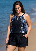 Black Floral Keyhole Neck Flattering Pocket Curvy Women's Swimsuit One Piece Swim Romper