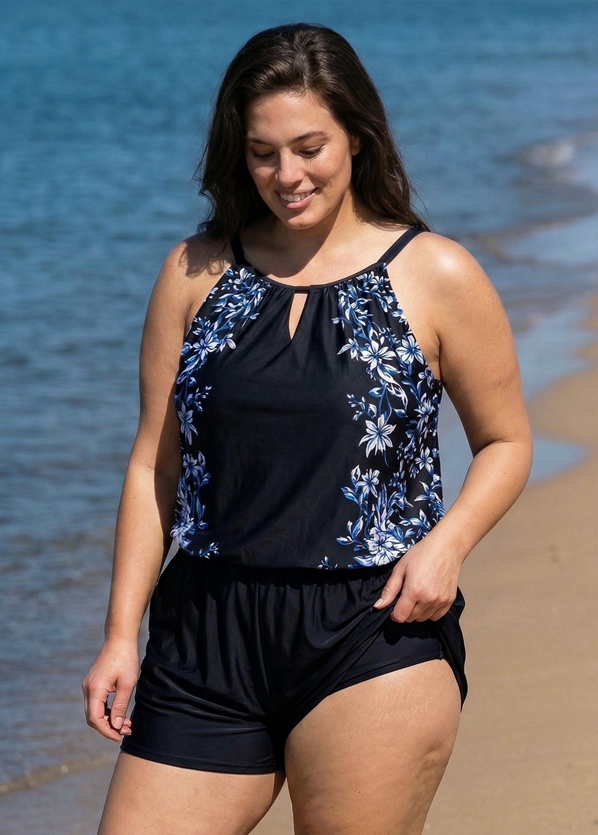 Black Floral Keyhole Neck Flattering Pocket Curvy Women's Swimsuit One Piece Swim Romper