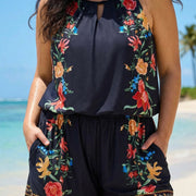 Plus Size Black Tropical Floral Keyhole Neck Modest Pocket Swimsuit One Piece Swim Romper
