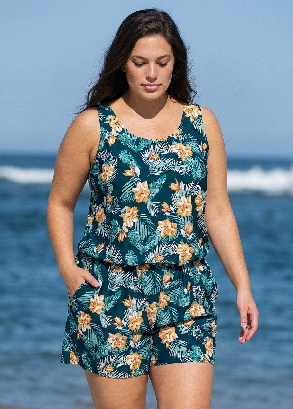 Green Swimming Costume Tropical Floral Scoop Neck Wide Strap Pocket Plus Size Swim Romper