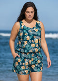 Green Swimming Costume Tropical Floral Scoop Neck Wide Strap Pocket Plus Size Swim Romper