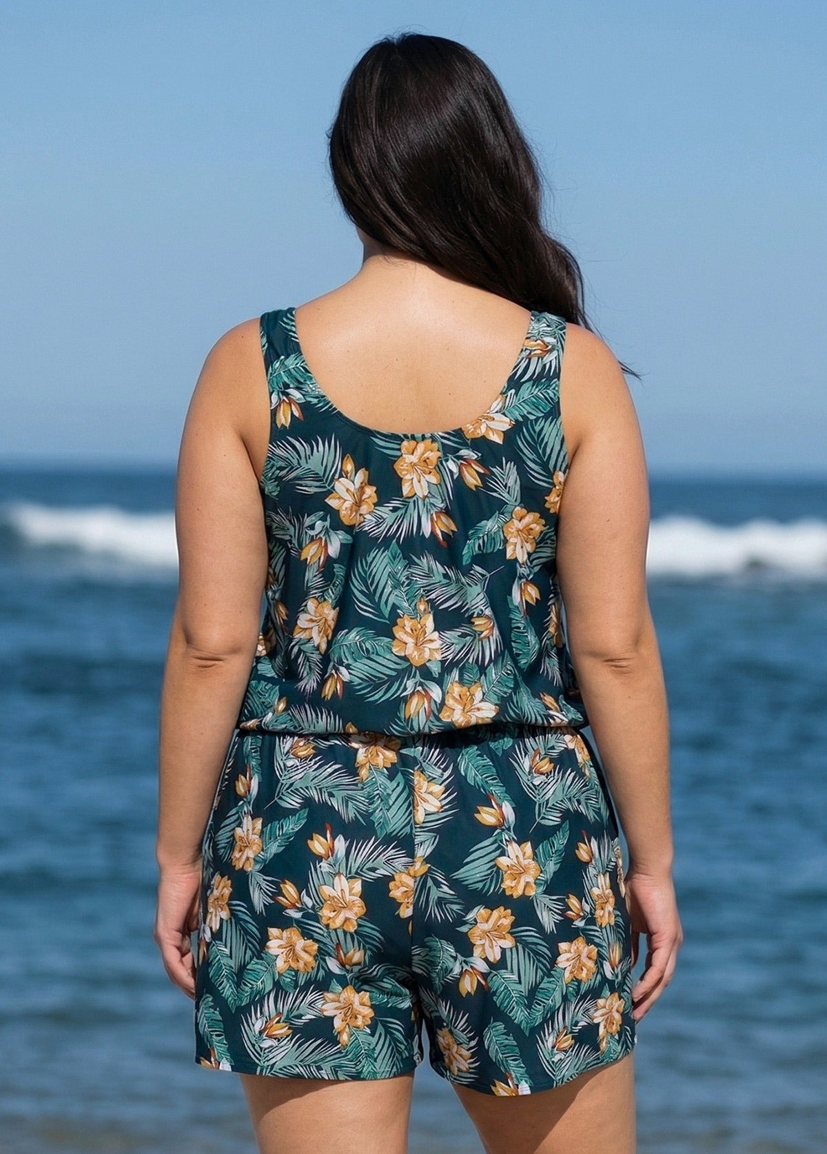Green Swimming Costume Tropical Floral Scoop Neck Wide Strap Pocket Plus Size Swim Romper