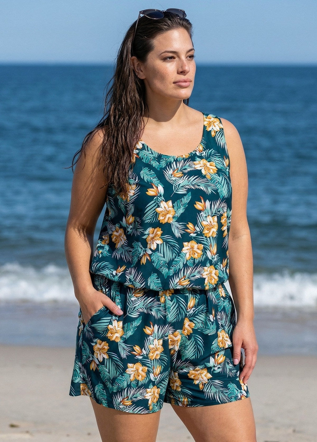 Green Swimming Costume Tropical Floral Scoop Neck Wide Strap Pocket Plus Size Swim Romper