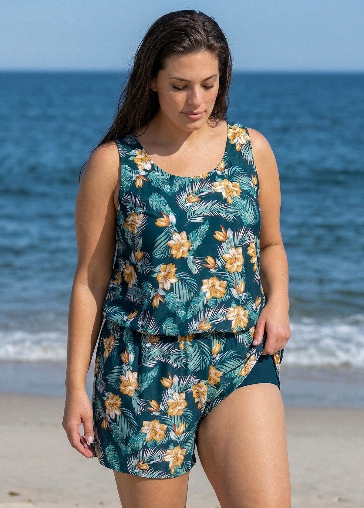 Green Swimming Costume Tropical Floral Scoop Neck Wide Strap Pocket Plus Size Swim Romper