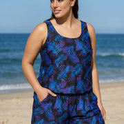 Purple Leaf Black Swimming Costume Scoop Neck Wide Straps and Pocket One Piece Swim Romper