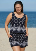 Baroque Pattern Print Vintage Wide Straps Pocket Curvy Swimsuit One Piece Swim Romper