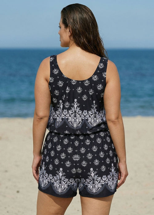 Baroque Pattern Print Vintage Wide Straps Pocket Curvy Swimsuit One Piece Swim Romper
