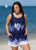 Navy White Floral Flattering Wide Straps Pocket Plus Size Swimsuit One Piece Swim Romper