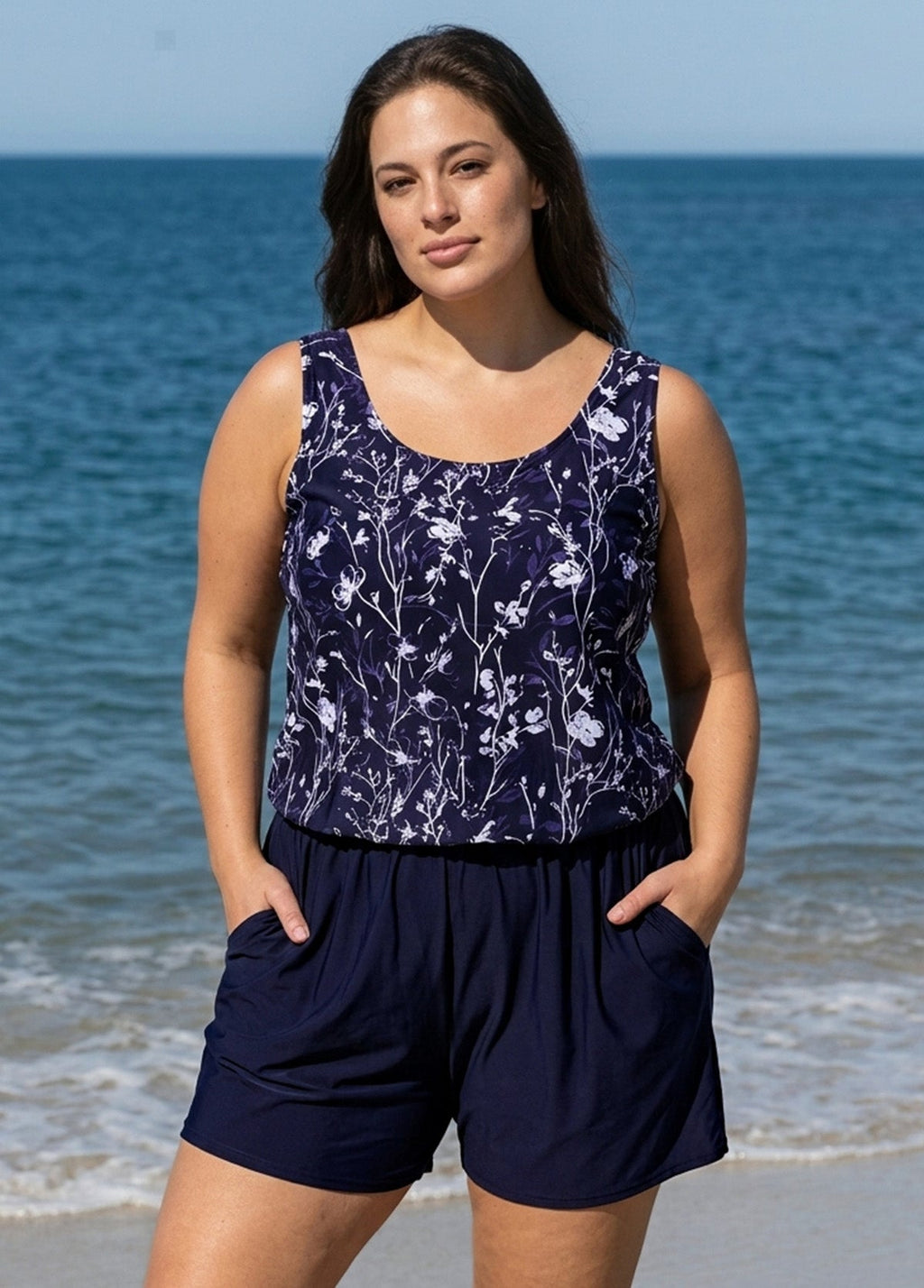 Curvy Purple Floral Modest Wide Straps Pocket Women's Swimsuit One Piece Swim Romper