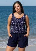 Curvy Purple Floral Modest Wide Straps Pocket Women's Swimsuit One Piece Swim Romper