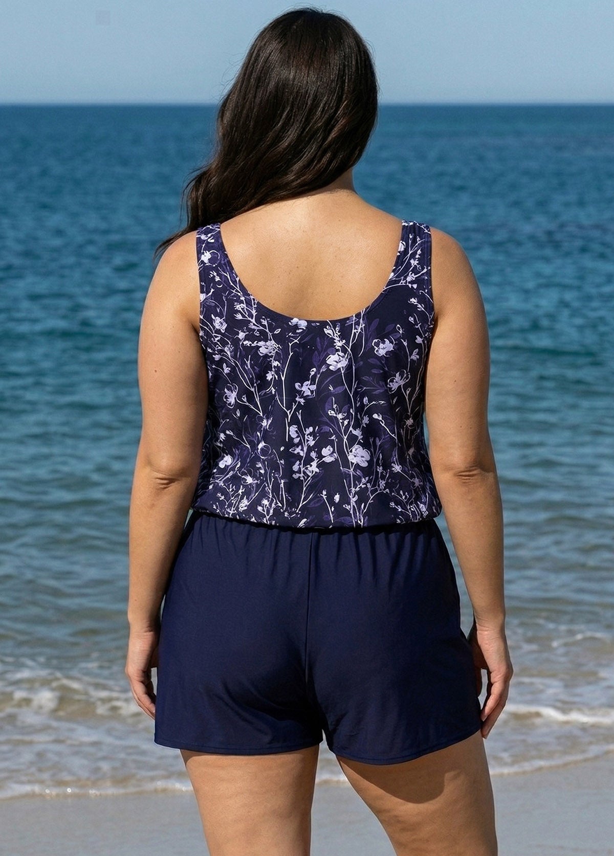 Curvy Purple Floral Modest Wide Straps Pocket Women's Swimsuit One Piece Swim Romper