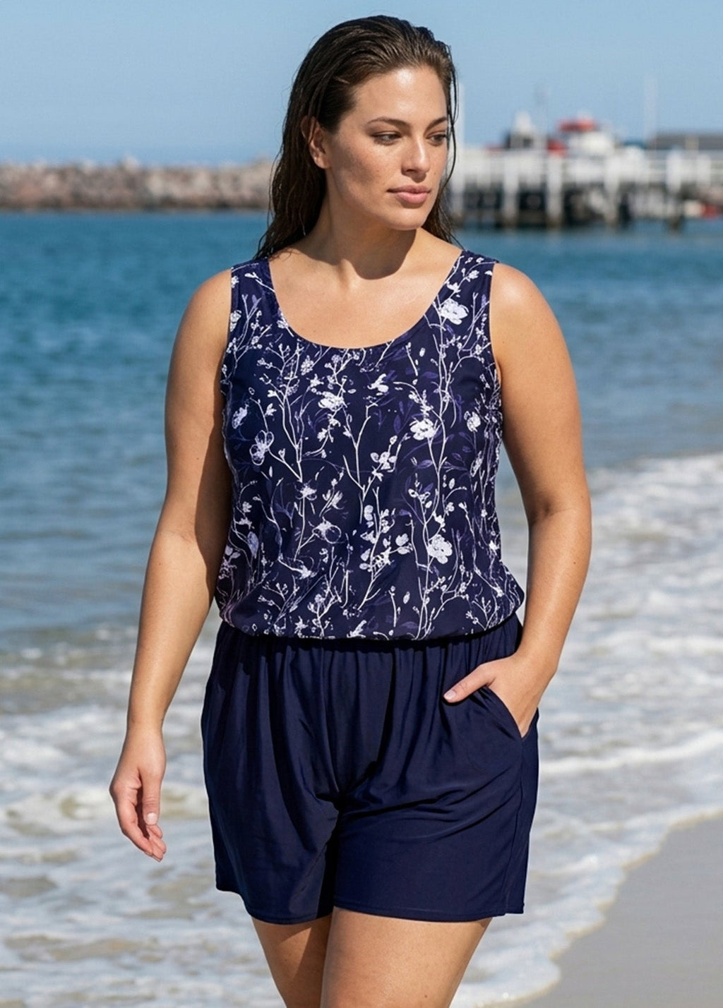Curvy Purple Floral Modest Wide Straps Pocket Women's Swimsuit One Piece Swim Romper