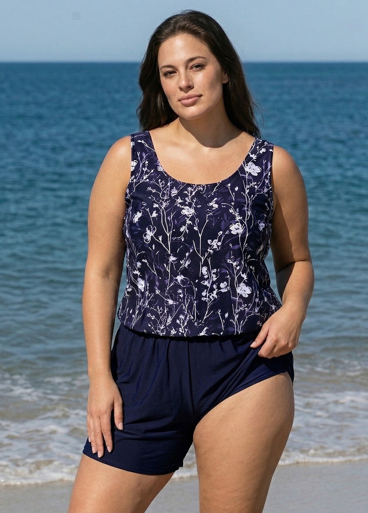 Curvy Purple Floral Modest Wide Straps Pocket Women's Swimsuit One Piece Swim Romper