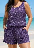 Purple Floral Modest Wide Straps Pocket Plus Size Women's Swimsuit One Piece Swim Romper