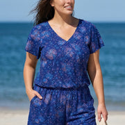 Curvy Navy Blue Floral Print Upf50+ Short Sleeves Pocket Swimsuit One Piece Swim Romper