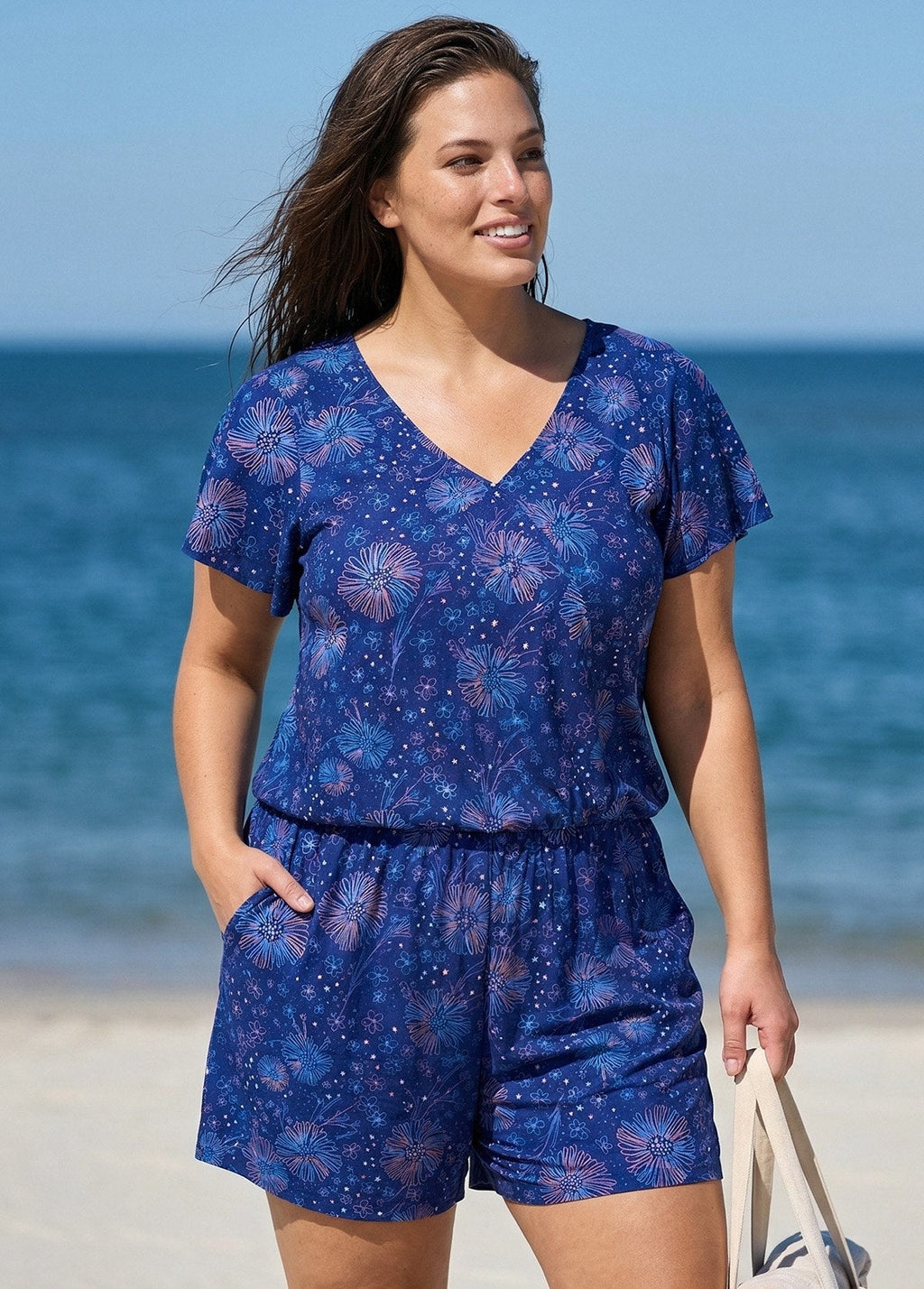 Curvy Navy Blue Floral Print Upf50+ Short Sleeves Pocket Swimsuit One Piece Swim Romper