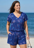 Curvy Navy Blue Floral Print Upf50+ Short Sleeves Pocket Swimsuit One Piece Swim Romper