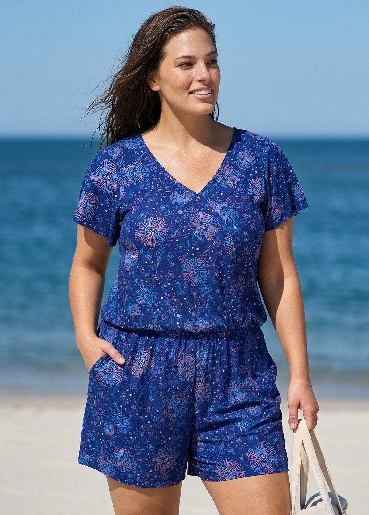 Curvy Navy Blue Floral Print Upf50+ Short Sleeves Pocket Swimsuit One Piece Swim Romper
